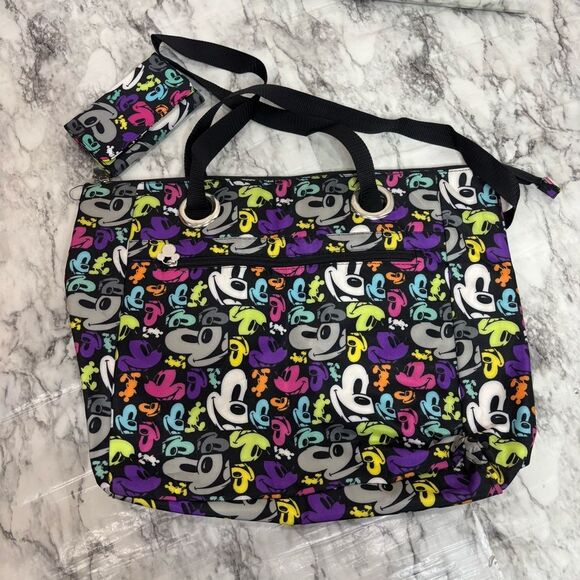 Disney Parks Authentic Mickey Face Art Large Tote Bag Black Multicolor wallet - Picture 1 of 7